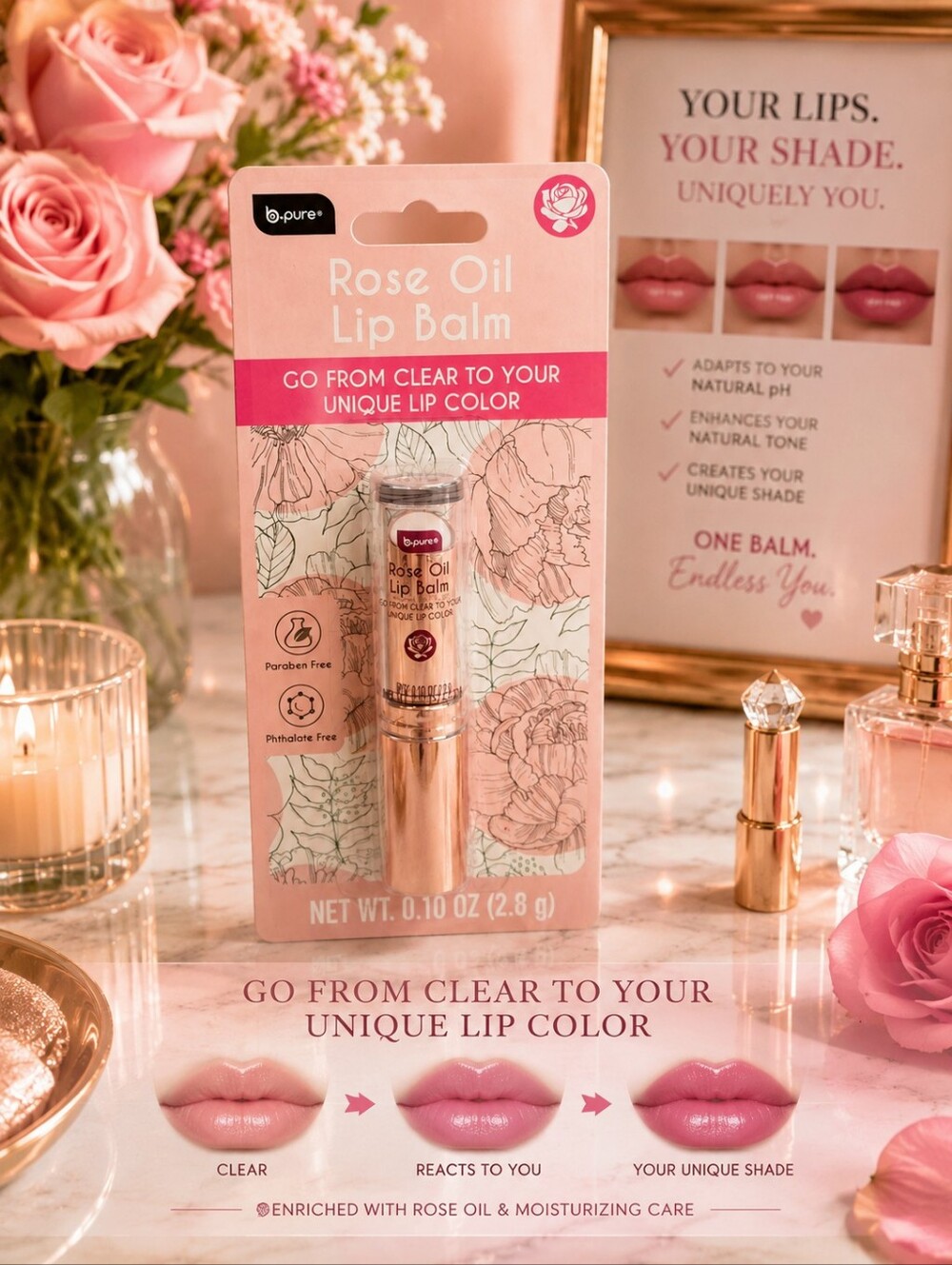 VIRAL ROSE OIL UNIQUE PH-CHANGING COLOR LIP BALM BY B.PURE 0.1 OZ